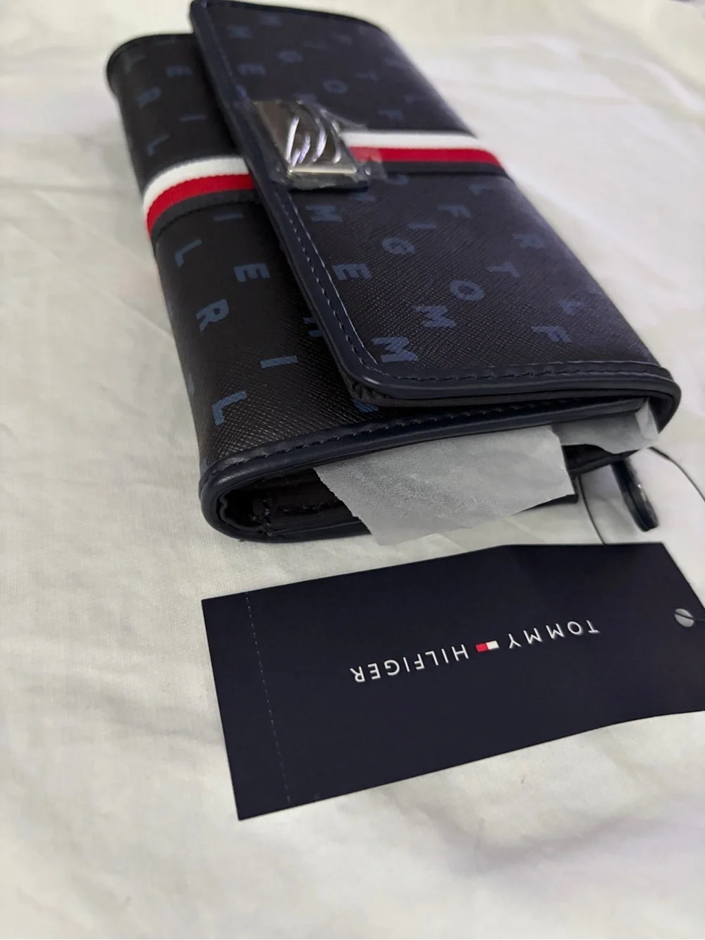 Tommy Hilfiger Navy Trifold Wallet Red-White Stripe NWT